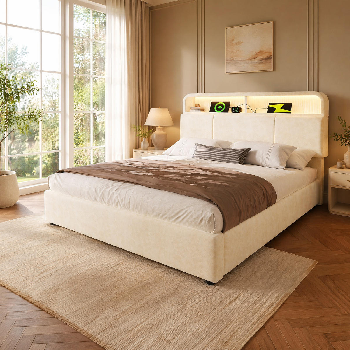 POLSTERBETT 160/200 mit Bettkasten, LED und USB & Type-C in Beige - Beige, Holzwerkstoff/Textil (160/200cm) - EVRYAE