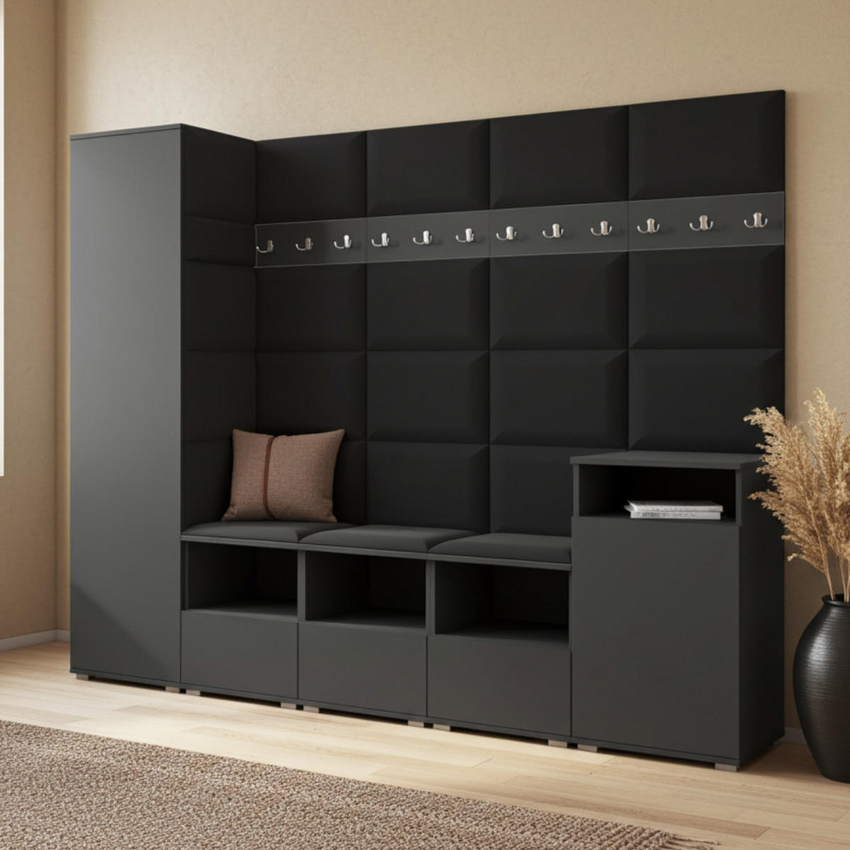 GARDEROBE NELA XI 250 cm (Modulare Flurmöbel Graphit mit Sitzpolster Schwarz 16 Großes Set) - Silberfarben/Schwarz, Holz/Holzwerkstoff (250/187/40cm) - Ravio