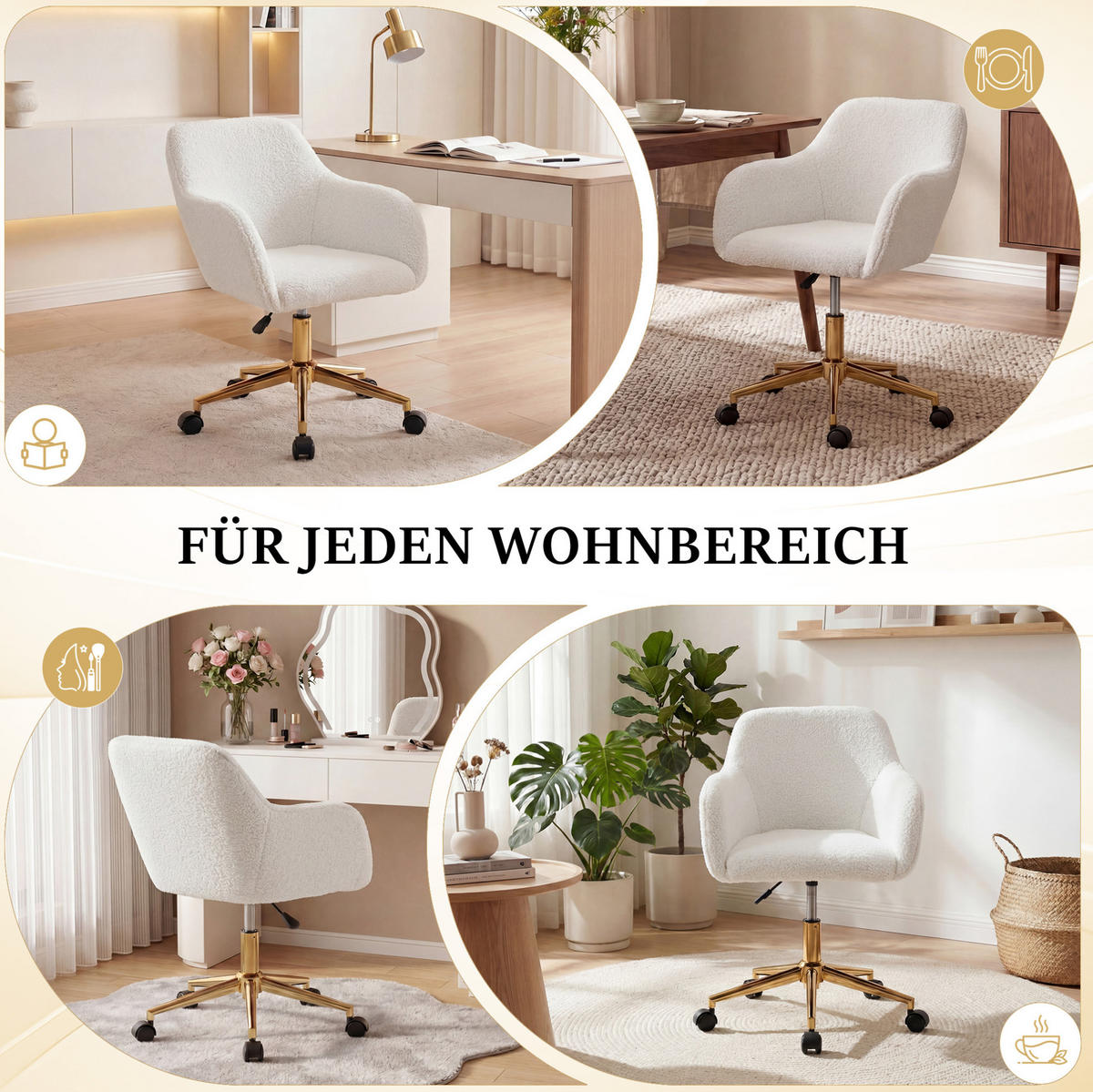 BÜRODREHSTUHL in Elfenbein 58x58x86 cm mit Teddy-Bezug, höhenverstellbar und 360° drehbar - Creme, Textil (58/86/58cm) - IVMEU