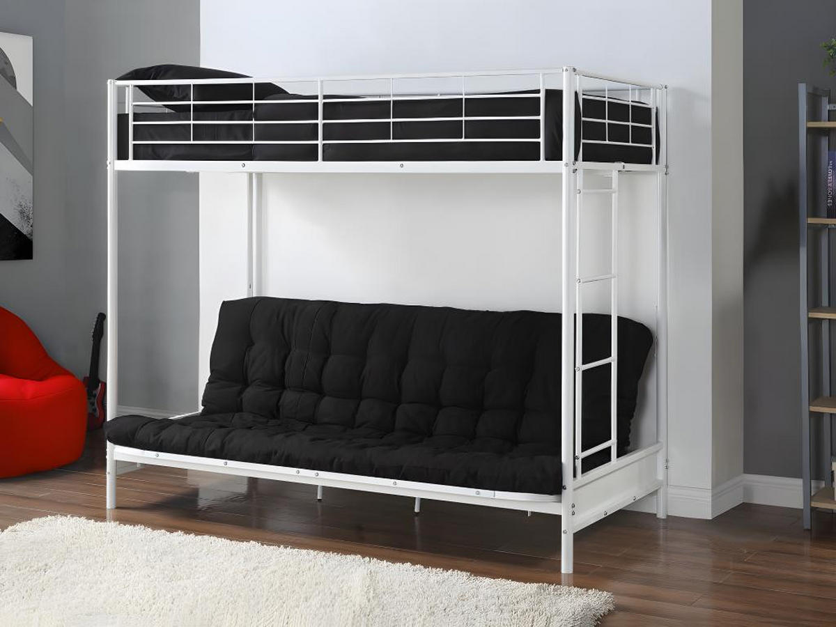 HOCHBETT mit Schlafsofa mit Matratze + Futonmatratze - 90 x 190 cm - Metall - Weiß - MODULO V - Schwarz/Weiß, Metall - Vente-Unique