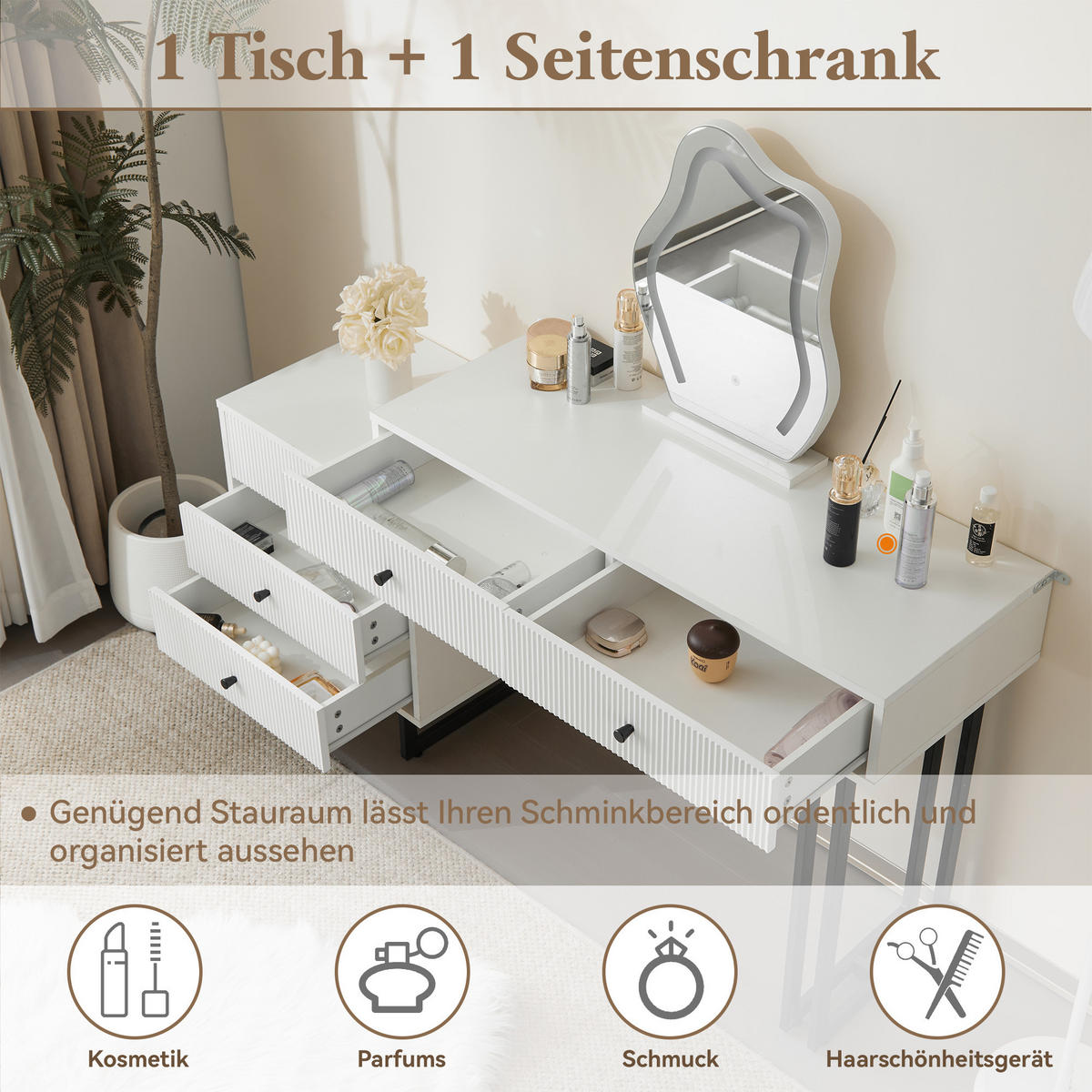 SCHMINKTISCH Weiß LED Spiegel ausziehbar 100x40x76cm - Weiß, Holzwerkstoff (40/76/100cm) - FLIEKS
