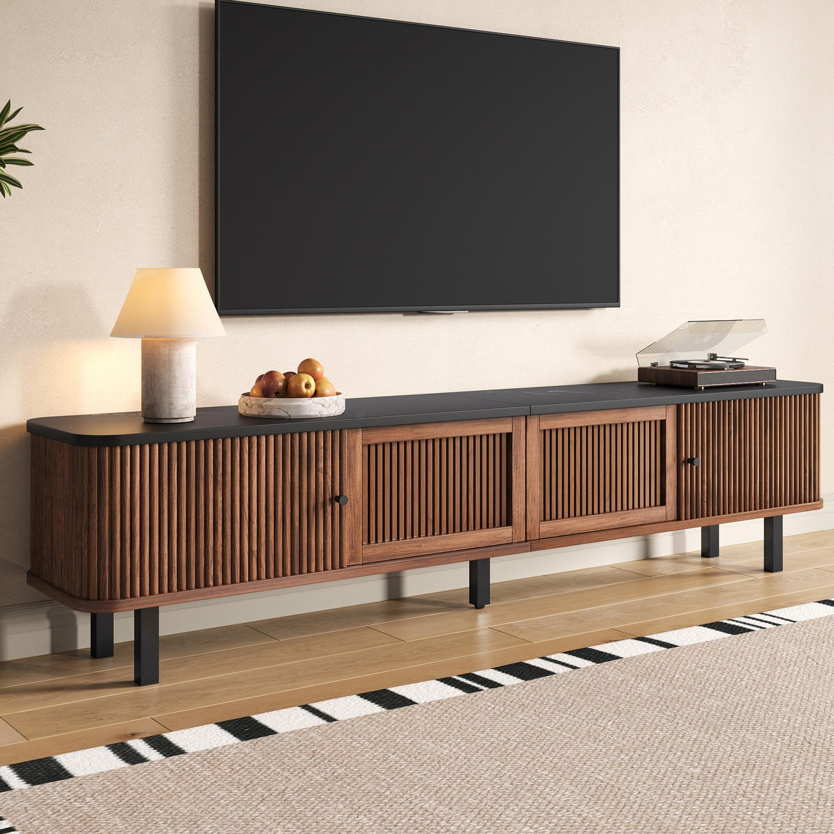 TV skrinka 190/35/45 cm orechová z MDF a drevotriesky s posuvnými dvierkami a mriežkou - hnedá, kompozitné drevo (190/45/35cm) - OKWISH