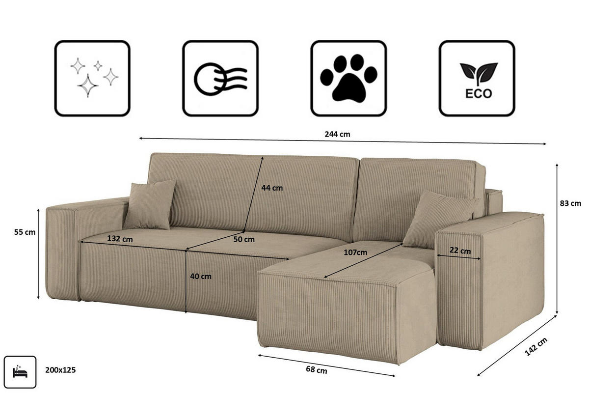 ECKSOFA Mit Schlaffunktion Und Bettkasten BEST Stoff Poso Dicker Cord Dunkelbeige Rechts - Cappuccino, Holz/Textil (244/142cm) - Kaiser Möbel