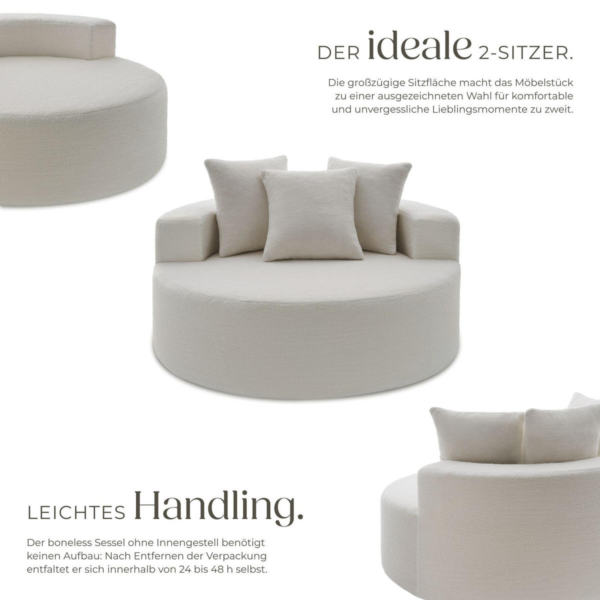 RELAXSESSEL Love, Ø 127 x 60 cm, mit 3 Kissen, Bouclé creme - Creme, Kunststoff/Textil (127/60/127cm) - tectake