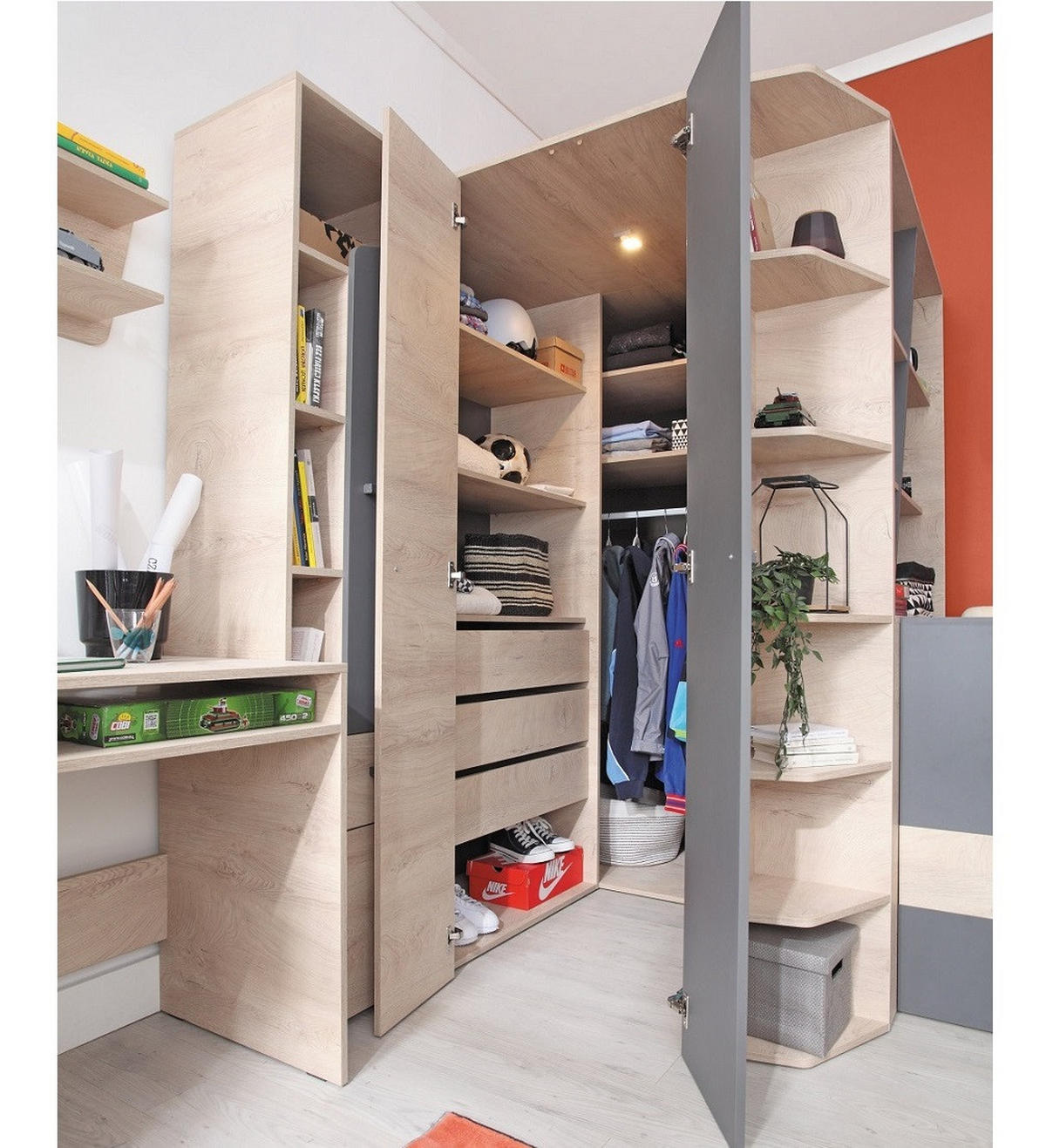 JUGENDZIMMER Davis Set C mit Bett 120 x 200 - Eiche Anthrazit - Eichefarben/Anthrazit, Holzwerkstoff (135/190/135cm) - QMM TraumMöbel