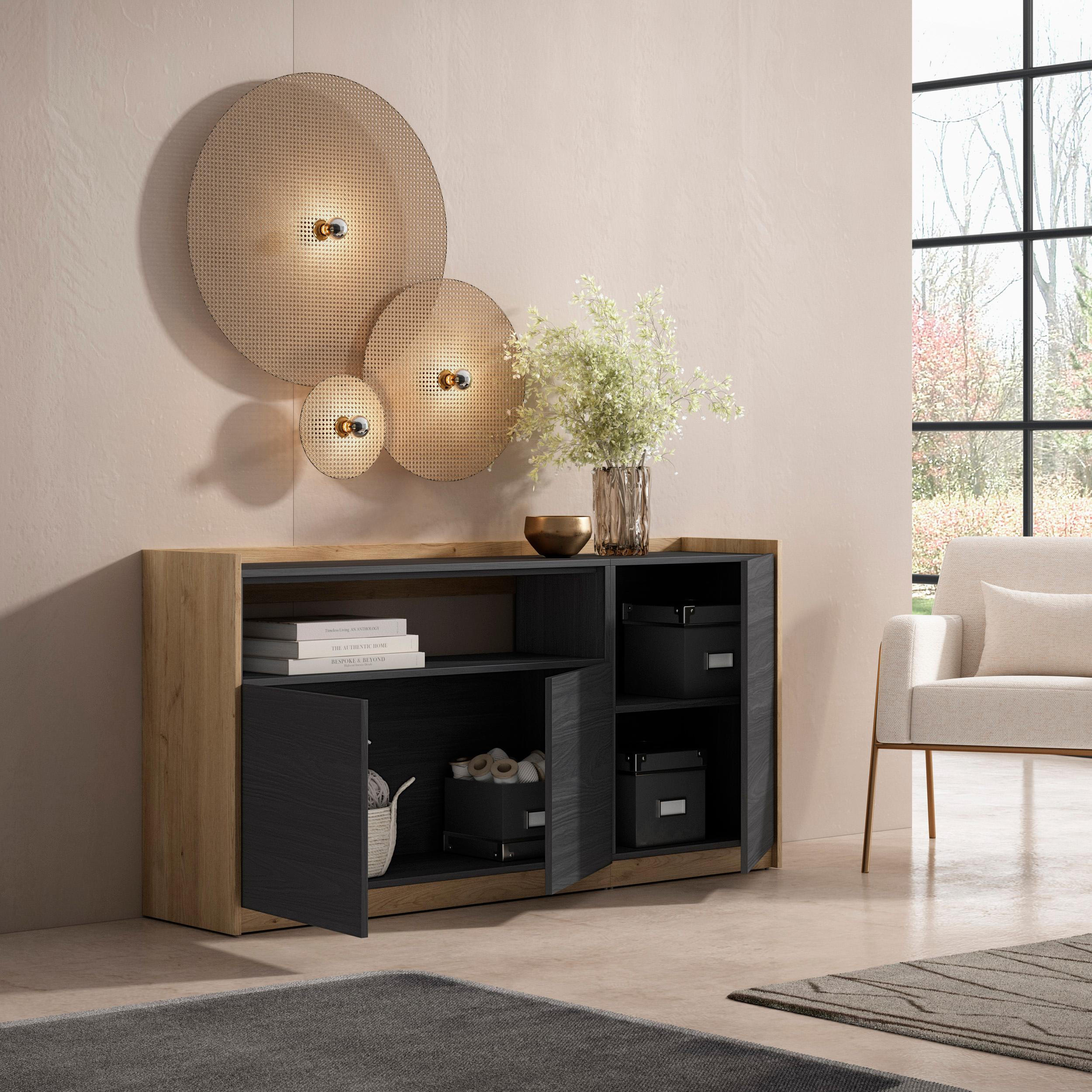 SIDEBOARD, Highboard, Schwarz Eiche, 156/37/80cm - Schwarz, Holzwerkstoff (156/80/37cm) - Skraut Home