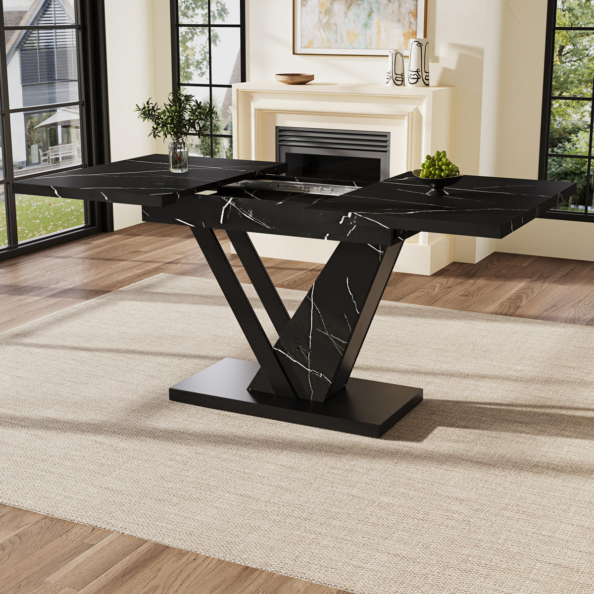 AUSZIEHTISCH 120-160/75/75,5 cm in Schwarz mit Marmormuster & Metallgestell - Schwarz, Holzwerkstoff (160/75/75.5cm) - BEAOK