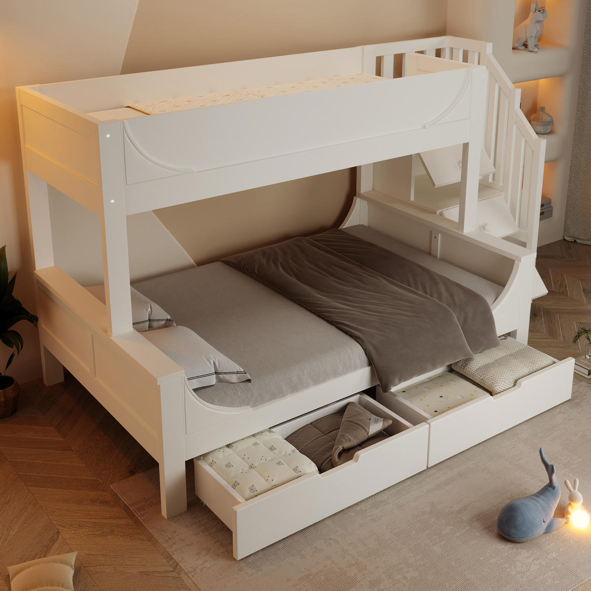 ETAGENBETT 90/140 x 200 cm mit Leiterschrank, Schubladen und Lattenrost in Schlittenform, Weiß - Weiß, Metall (90/200cm) - Redom