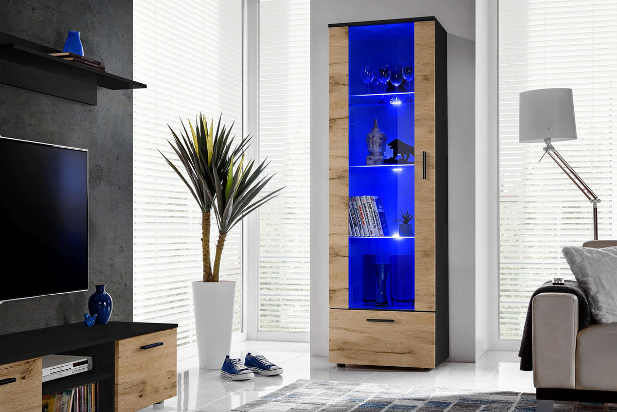 VITRINE ALESSANDRIA, Wotan, LED Blau - Eiche Wotan/Schwarz, Glas/Holzwerkstoff (60/192/42cm) - Komodee