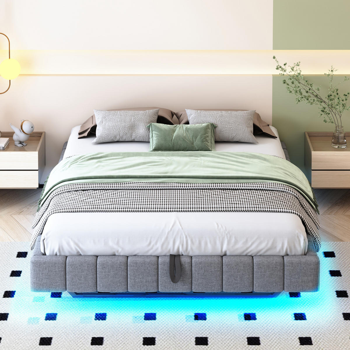 POLSTERBETT 160/200 cm Grau Hydraulischer Schwebebettrahmen mit LED-Beleuchtung - Grau, Textil (160/200cm) - OKWISH