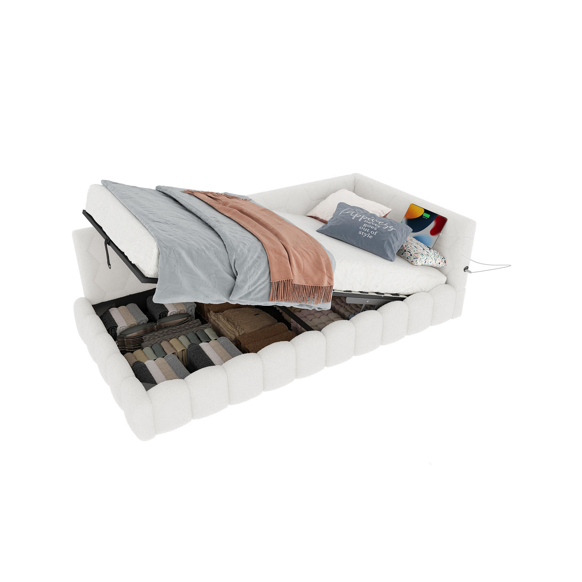 TAGESBETT 90/200 cm mit LED-Lichtleiste, USB, Typ-C und hydraulischem Bettkasten aus Vliesimitat, Weiß - Weiß, Textil (90/200cm) - Redom