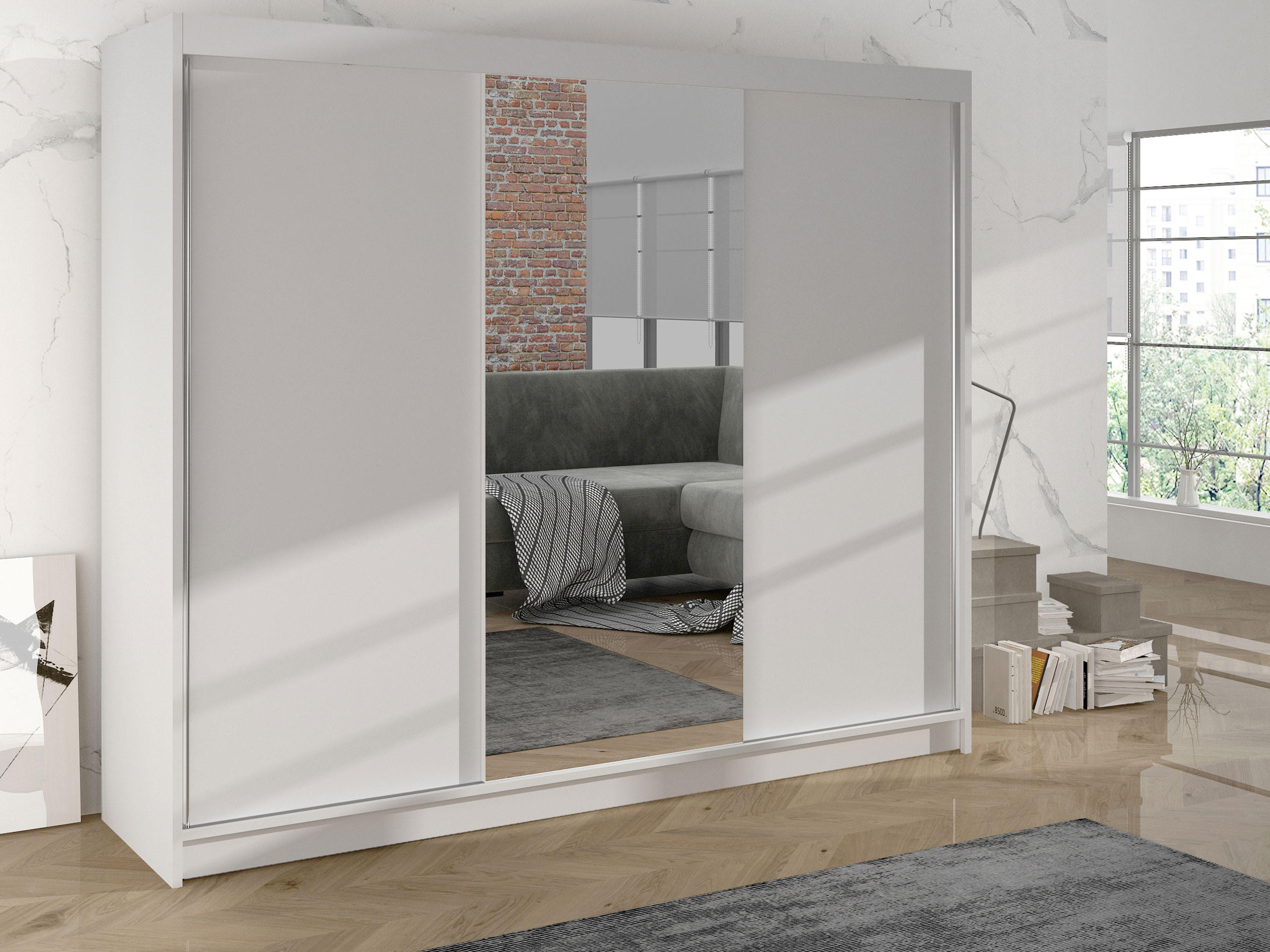 SCHWEBETÜRENSCHRANK Derby I - Weiß, Holzwerkstoff/Metall (200/215/58cm) - MIRJAN24
