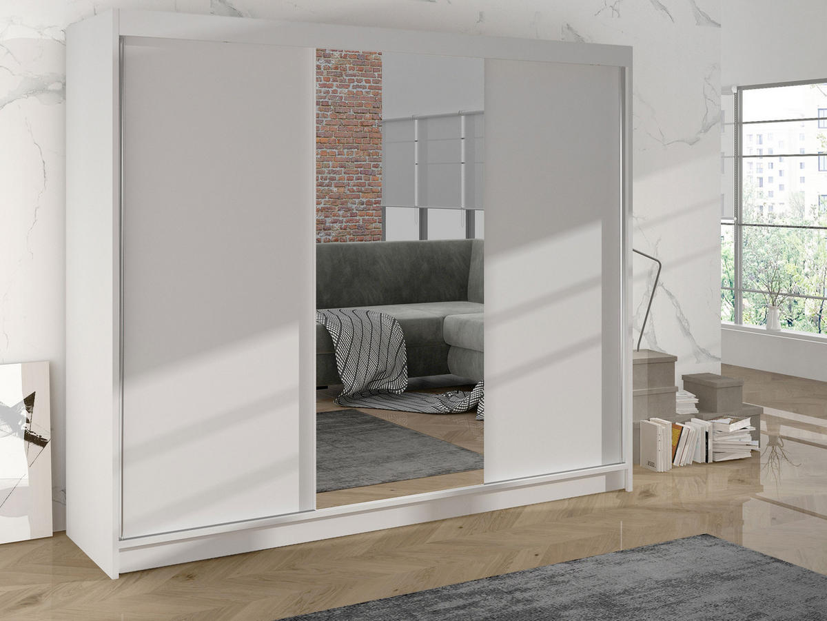 SCHWEBETÜRENSCHRANK Derby I - Weiß, Holzwerkstoff/Metall (200/215/58cm) - MIRJAN24