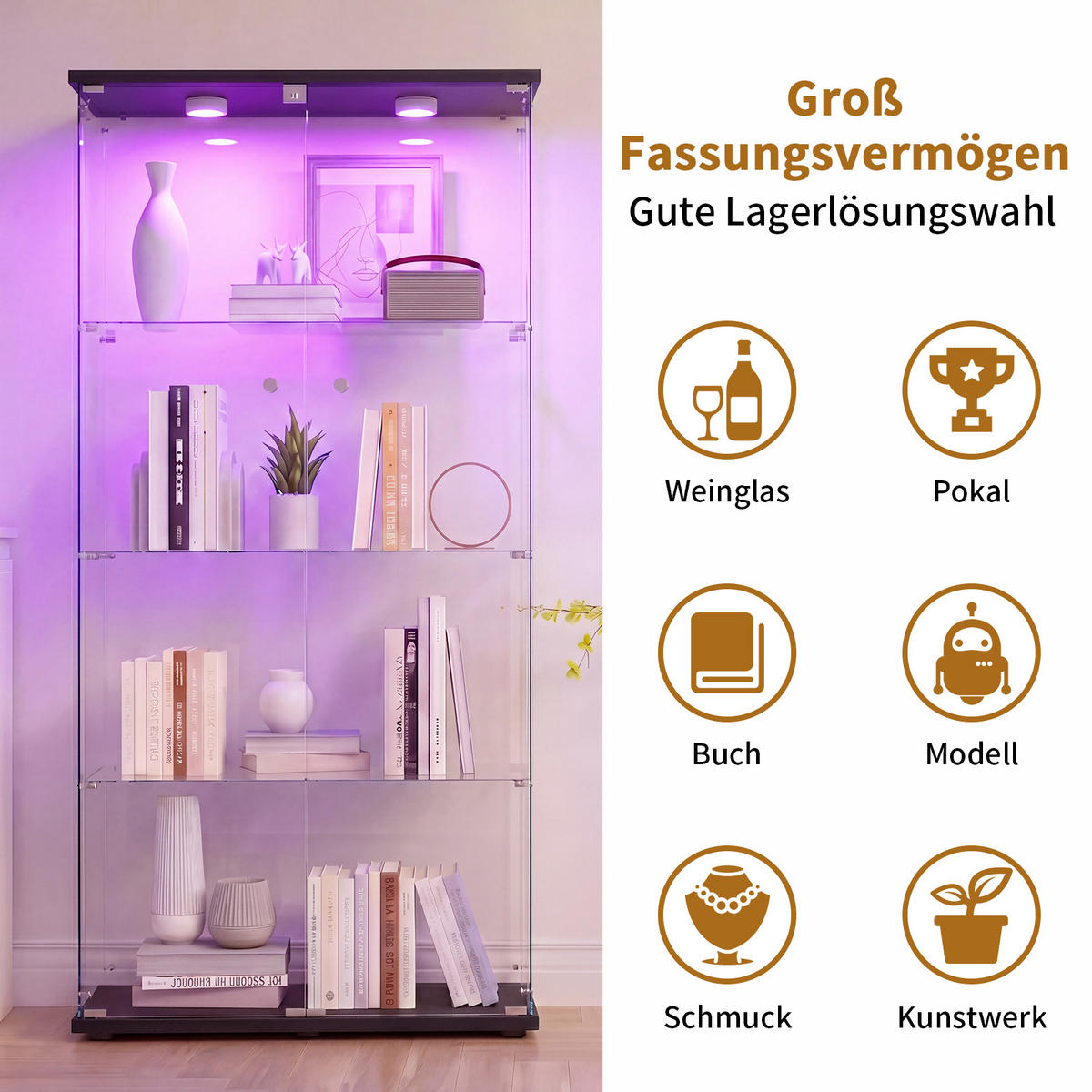 GLASVITRINE LED Schwarz mit 2 Tür 4 Etagen mit Schloss,80.49x36.49x163.9cm - Schwarz, Glas (36.49/163.9/80.49cm) - BPKADHY