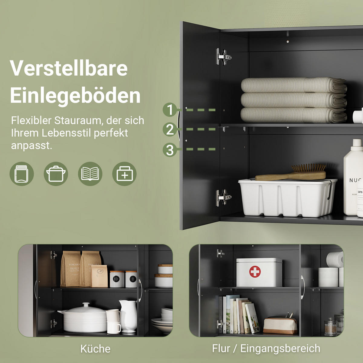 HÄNGESCHRANK schwarz, 90 x 60 x 30 cm, mit verstellbarem Einlegeboden, Badezimmerschrank hängend für Küche und Flur - Schwarz, Holzwerkstoff (90/60/30cm) - SoBuy