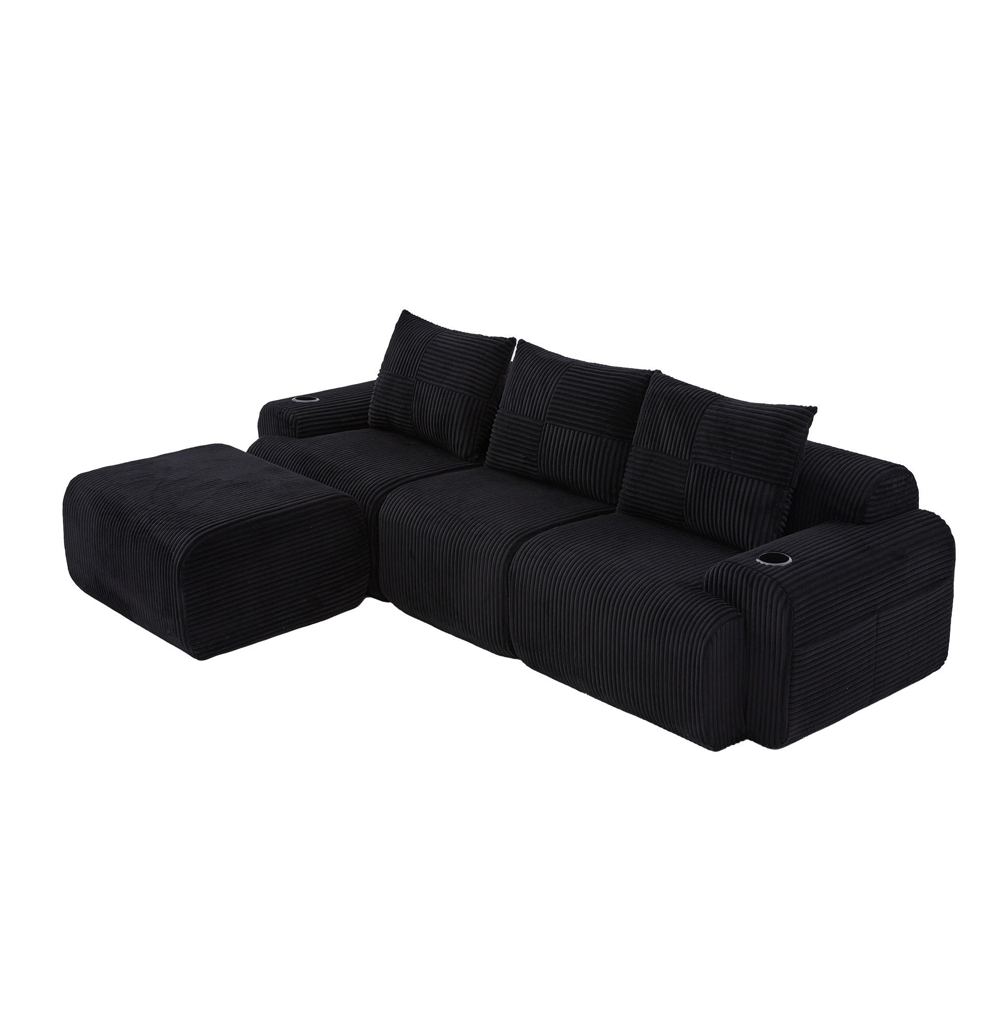 ECKSOFA 268/174/80 cm Schwarz aus Cord mit Cupholder und Aufbewahrungstasche - Schwarz, Textil (174/268cm) - OKMYHOME