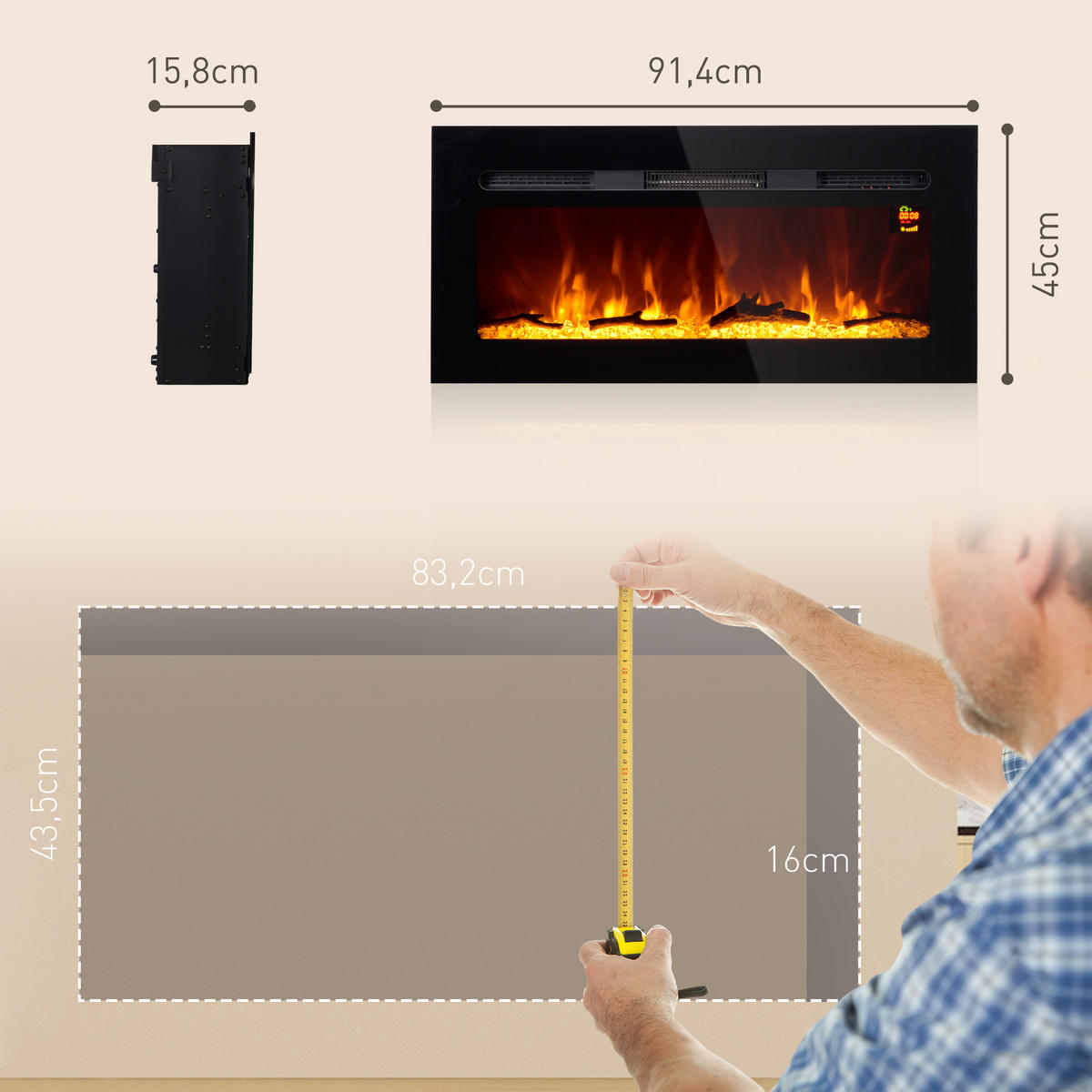 ELEKTROKAMIN mit LED Flammeneffekt,1800 W Wandkamin mit Kristalle, in 3 Farben - Schwarz, Metall (15.8/45/91.4cm) - HOMCOM