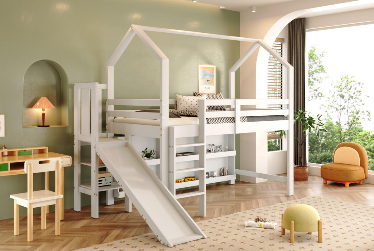 KINDERBETT 90/200 cm mit Rutsche, Treppe, Stauraum und Regal, Weiß - Weiß, Holzwerkstoff (90/200cm) - Redom