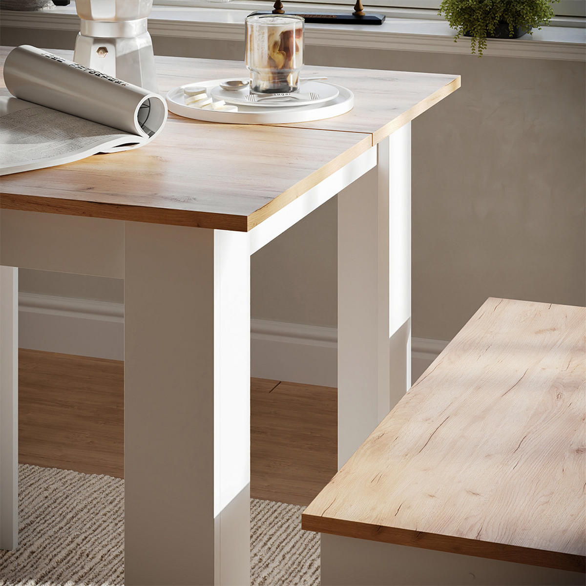 ESSTISCH SET Sentio Weiß/Goldkraft Eiche 80 x 80 cm mit 2 Bänken - Honigeiche/Weiß, Holzwerkstoff (80/73/80cm) - Vicco