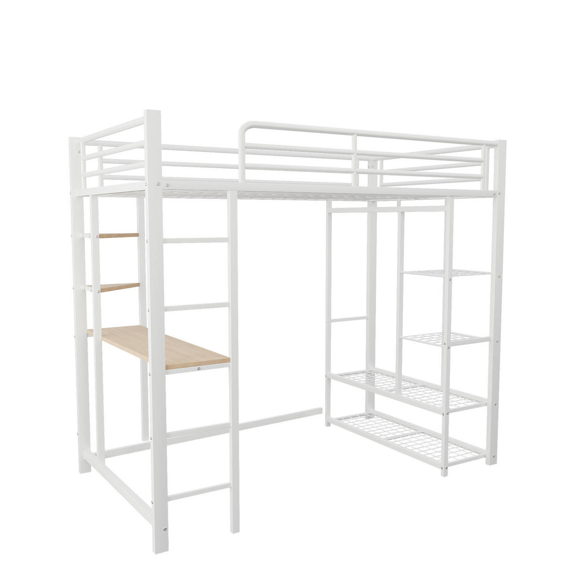 HOCHBETT 90/200 cm in Weiß mit Schreibtisch, Regal und Kleiderstange - Weiß, Metall (90/200cm) - Flora Grace