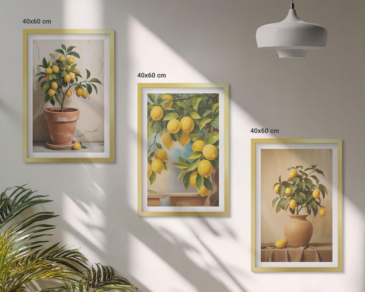 BILDER SET 3er Set - 40x60 cm Goldrahmen - Zitronenbäumchen im Topf und in der Vase - Goldfarben, Kunststoff (40/60cm) - TULUP