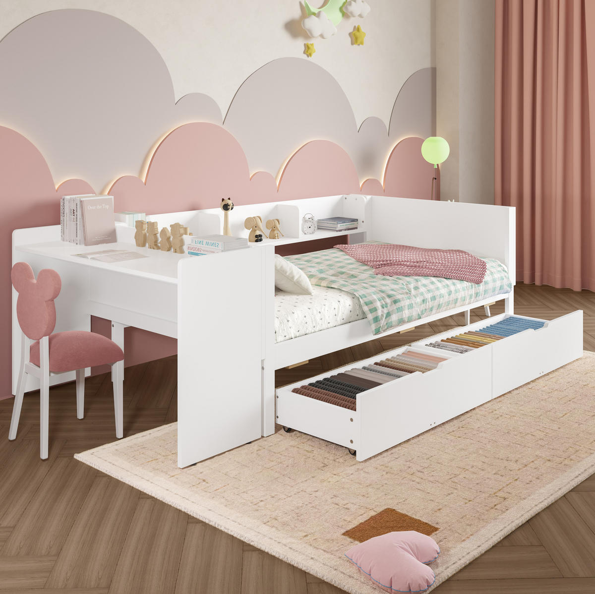KINDERBETT 90/200 cm Weiß aus Kiefern mit Schreibtisch, 2 Schubladen und Regalen - Weiß, Holz (90/200cm) - OKMYHOME