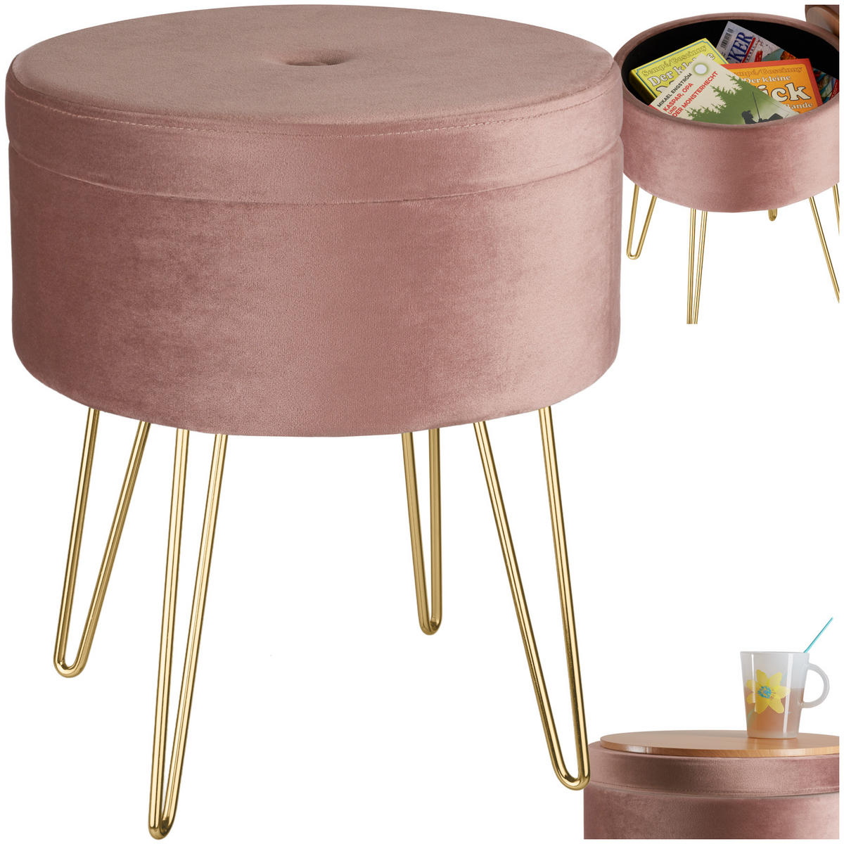 SITZHOCKER mit Stauraum Ava,37,5 x 44,5 cm,rosa - Rosa, Holz (37.5/44.5/37.5cm) - tectake
