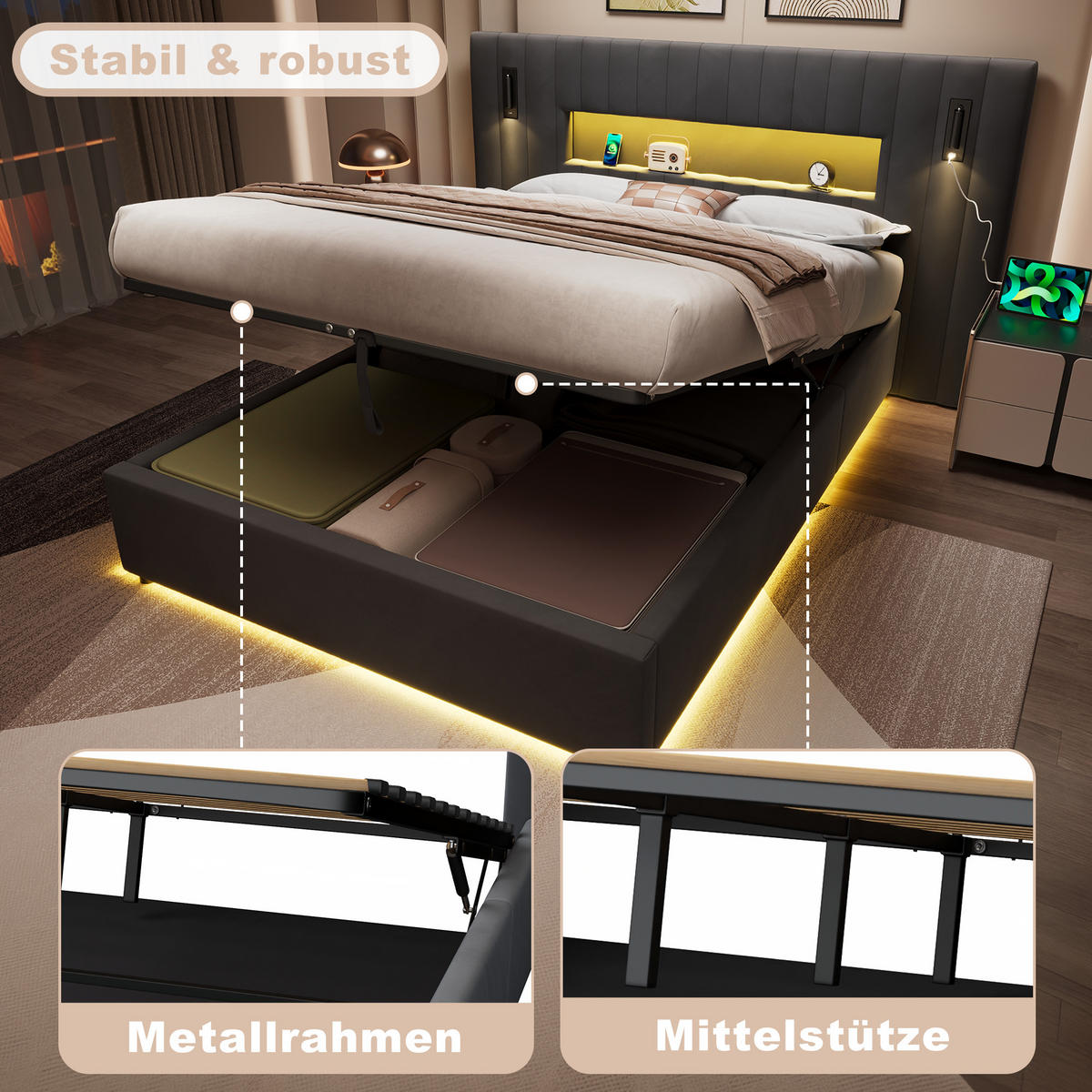 ČALOUNĚNÁ postel 140/200 cm tmavě šedá ze sametu s hydraulickým úložným prostorem, LED čtecími lampami a USB konektory - tmavě šedá, textil (140/200cm) - OKWISH