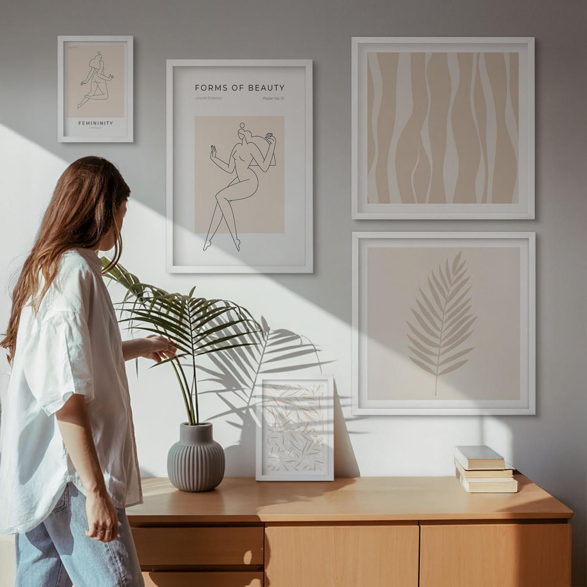 WANDBILDER 5er-Set - 50x50 cm & 20x30 cm & 40x60 cm Weißer Rahmen - Minimalistische Pflanzenmotive - Weiß, Kunststoff (40/60cm) - ArtPrintCave