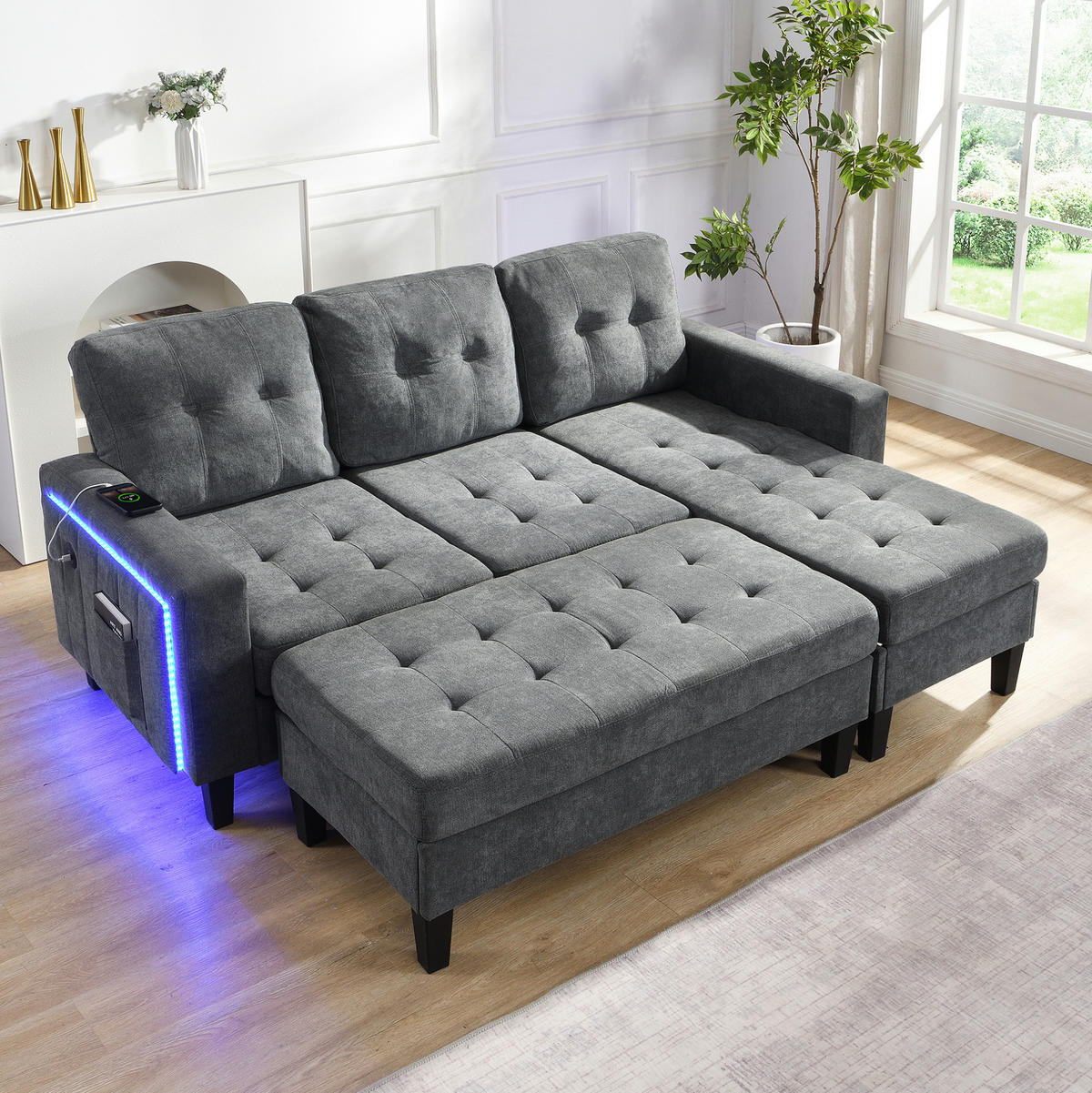 ECKSOFA 185/135/85 cm mit Schlaffunktion Antique Gray aus Chenille mit LED und USB - Grau, Kunststoff (135/185cm) - OKWISH