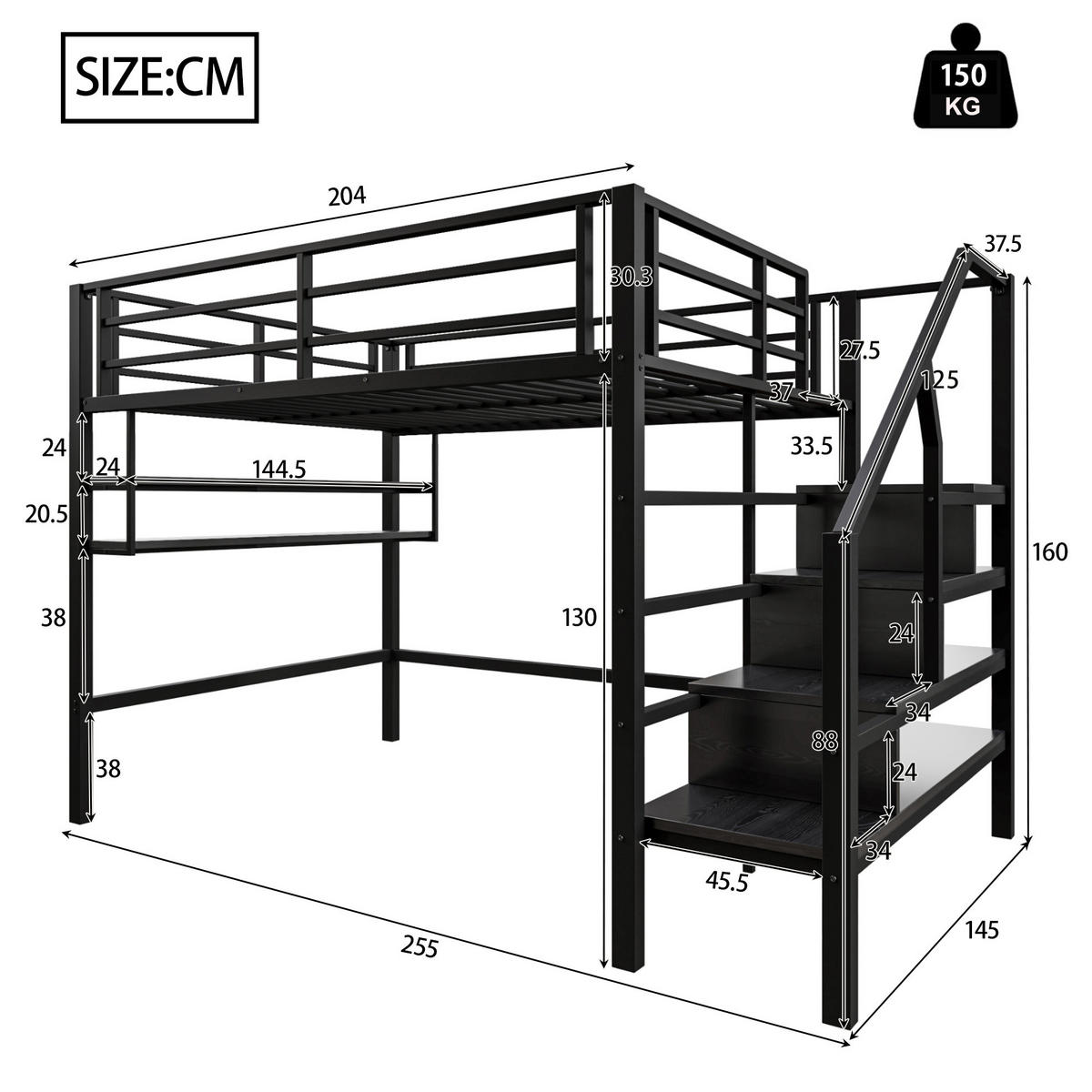 VYVÝŠENÁ dětská postel z kovu a MDF 140x200 cm černá s policemi, úložným žebříkem a prostorem pod lůžkem - černá, kov (140/200cm) - Modfu