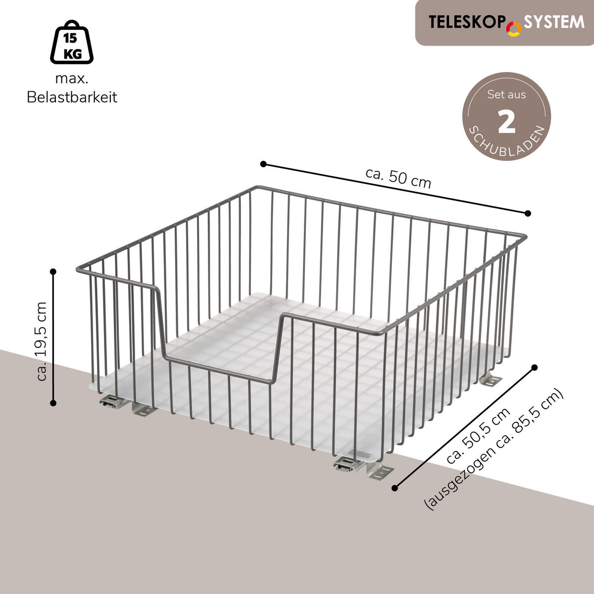 SCHRANK-KORBAUSZUG 50 cm, grau, Metall - Grau, Metall (50/23/50.5cm) - bremermann