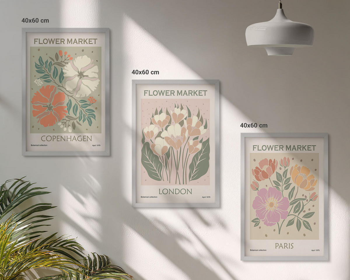 BILDER SET 3er Set - 40x60 cm Silberner Rahmen - Blumenposter Kopenhagen London Paris - Silberfarben, Kunststoff (40/60cm) - TULUP