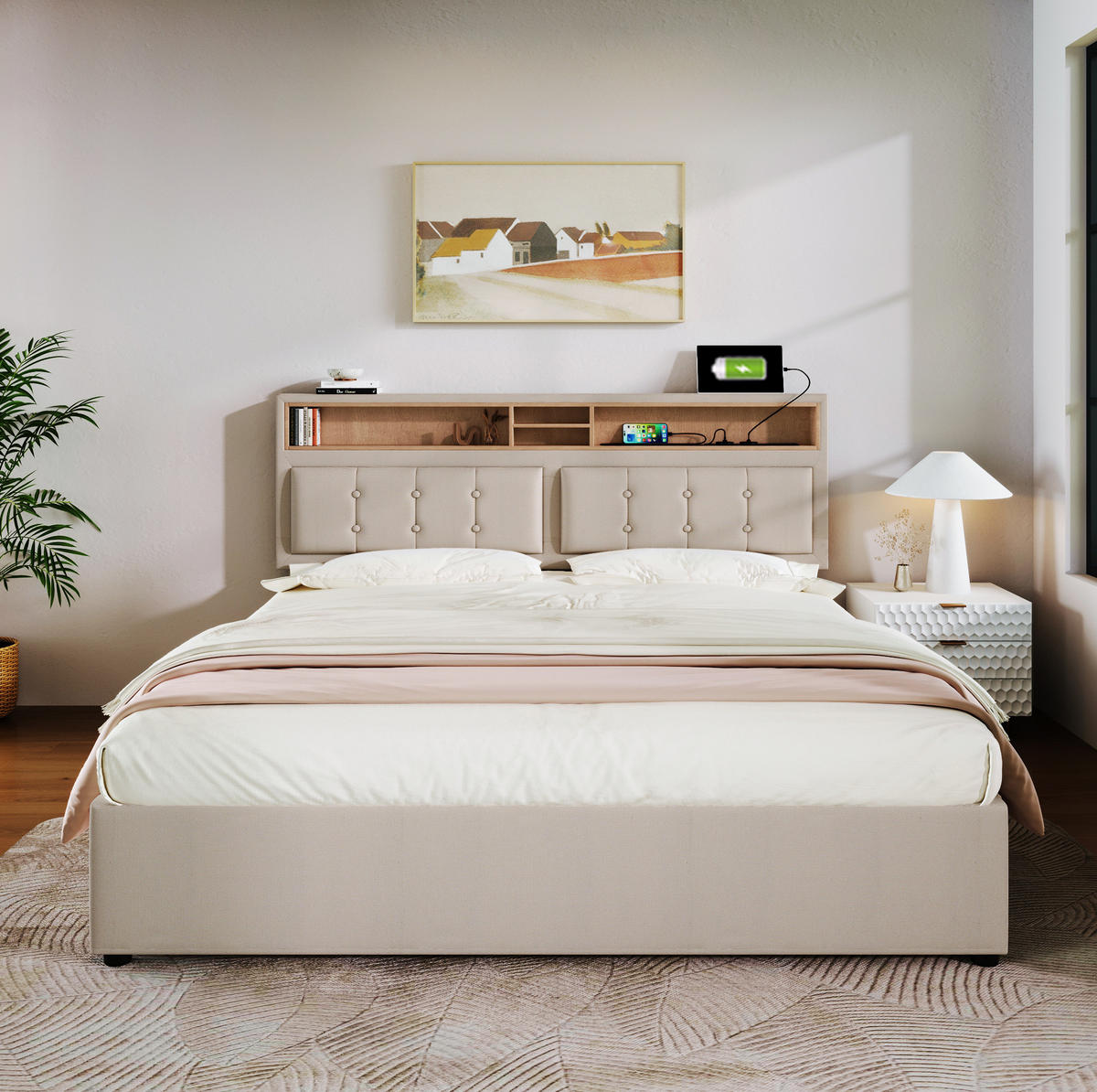 POLSTERBETT 140/200 cm mit Bettkasten, USB-C und verstellbarem Kopfteil - Beige, Textil (140/200cm) - BEAOK