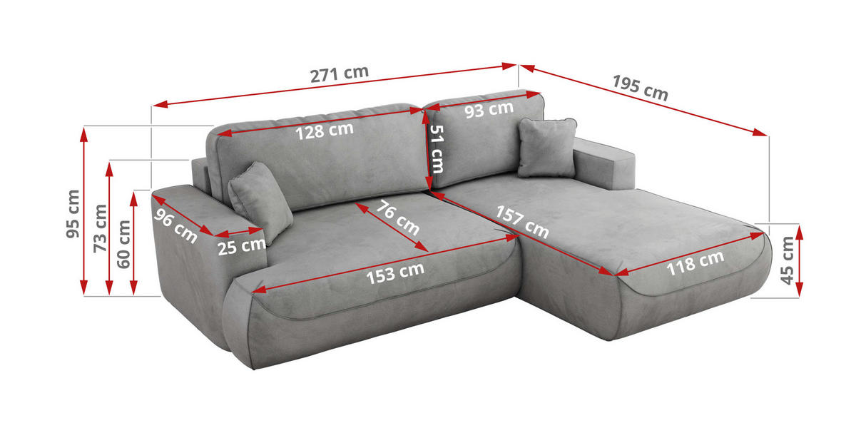 ECKSOFA OVO L Hellgrau Velvet - Links Seite - Hellgrau/Schwarz, Kunststoff/Textil (271/195cm) - MKS