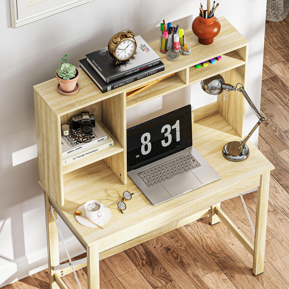 SCHREIBTISCH Eichenoptik mit integriertem Regal und Metallgestell 105/50/137,5 cm - Eichefarben, Holzwerkstoff (50/105/137.5cm) - PANGIVO