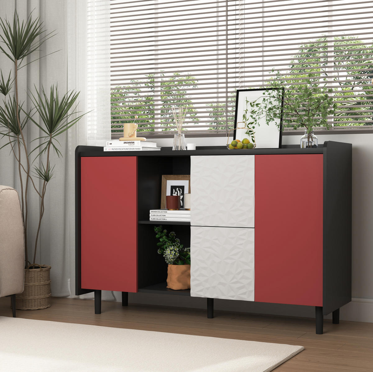 SIDEBOARD 120/40/80 cm, MDF Schwarz/Rot mit 2 Schubladen, offenem Fach und Tür, Schwarz/Rot - Rot, Holzwerkstoff (120/80/40cm) - Redom
