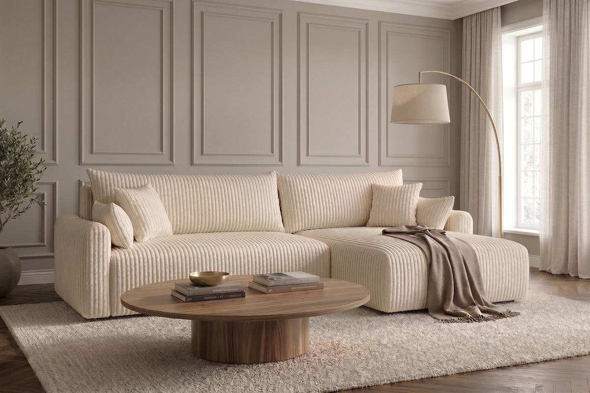 ECKSOFA Mit Schlaffunktion, Cordstoff Tilia, Ecru, Rechts, JAPANDI - Ecru, Holz (262/145cm) - Kaiser Möbel