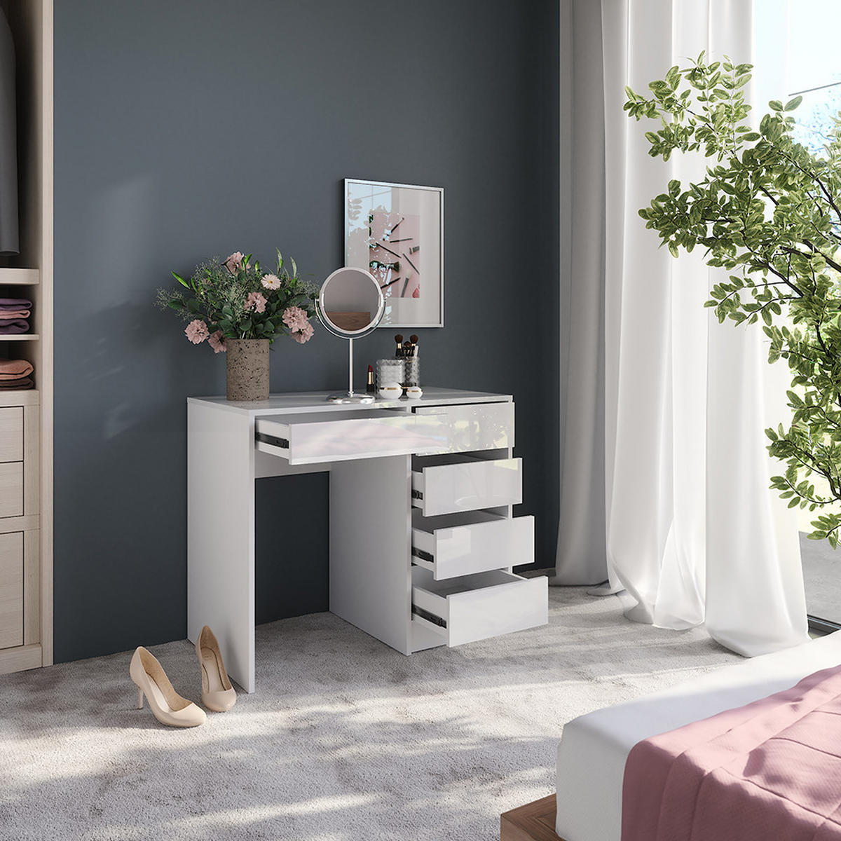 SCHMINKTISCH Sherry Weiß/Weiß Hochglanz 89.8 cm - Weiß Hochglanz, Holzwerkstoff (50.1cm) - Vicco