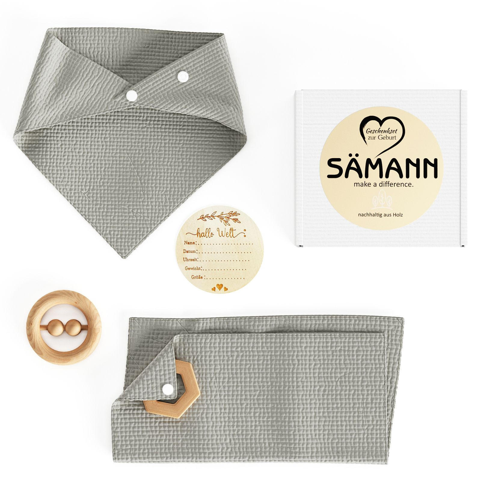 BABY Geschenkset 4-tlg. zur Geburt mit Halstuch, Rassel, Karte, Schmusetuch olivgrün - Olivgrün, Textil (10/10cm) - Sämann – make a difference.