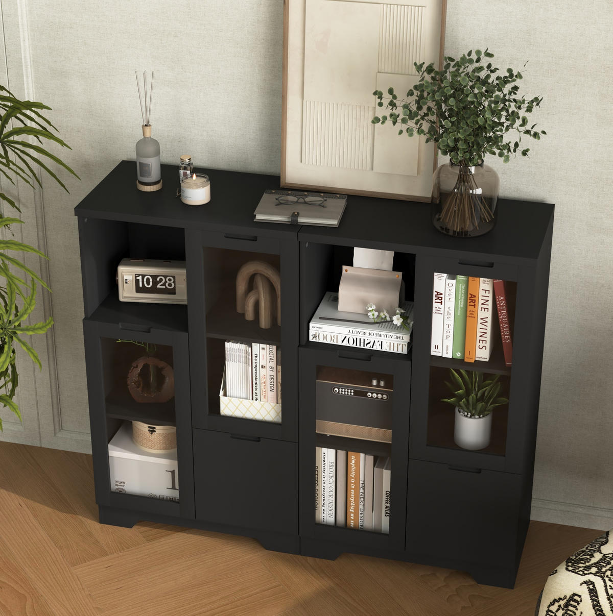 KOMMODE mit 2 Glastüren und verstellbaren Einlegeböden, MDF, grifflose Optik, 65/30/100 cm, Schwarz - Schwarz, Holzwerkstoff (65/100/30cm) - Redom