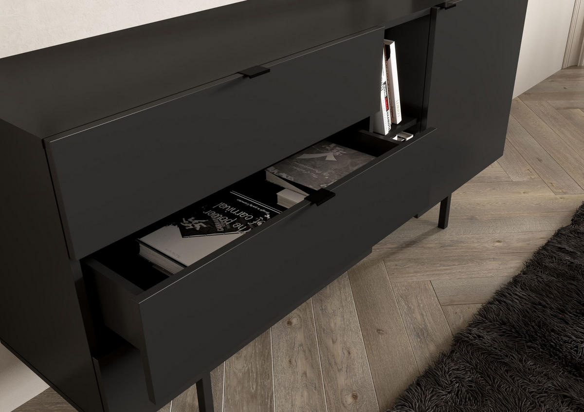 SIDEBOARD Myway, Schwarz, 3 Schubladen, Minimalistisch, 160 cm - Schwarz, Holzwerkstoff/Metall (160/80/41.6cm) - Skandica