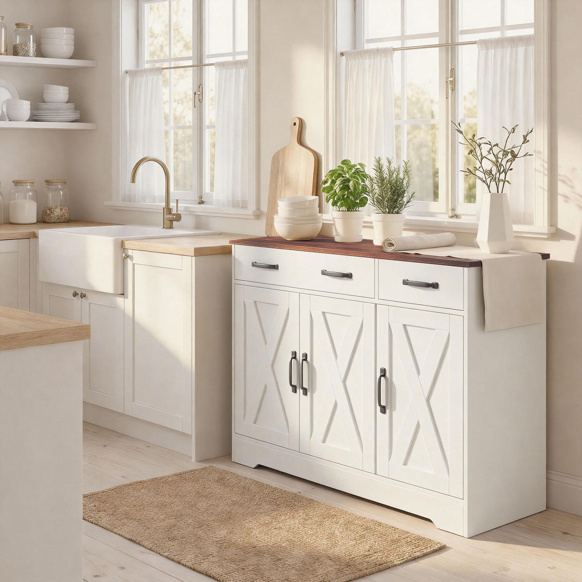 SIDEBOARD DE-11300 Landhausstil, 3 Scheunentüren Weiß - Weiß, Holzwerkstoff (108/81/40cm) - ComfortXL