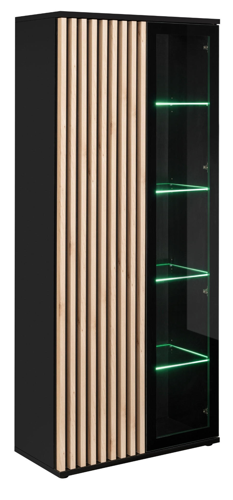 VITRINE schwarz, Eiche Jackson, Vitrinenschrank mit 3D-Lamellen inklusive Beleuchtung - Eichefarben/Schwarz, Glas/Holzwerkstoff (80/192/40cm) - Furn.Design
