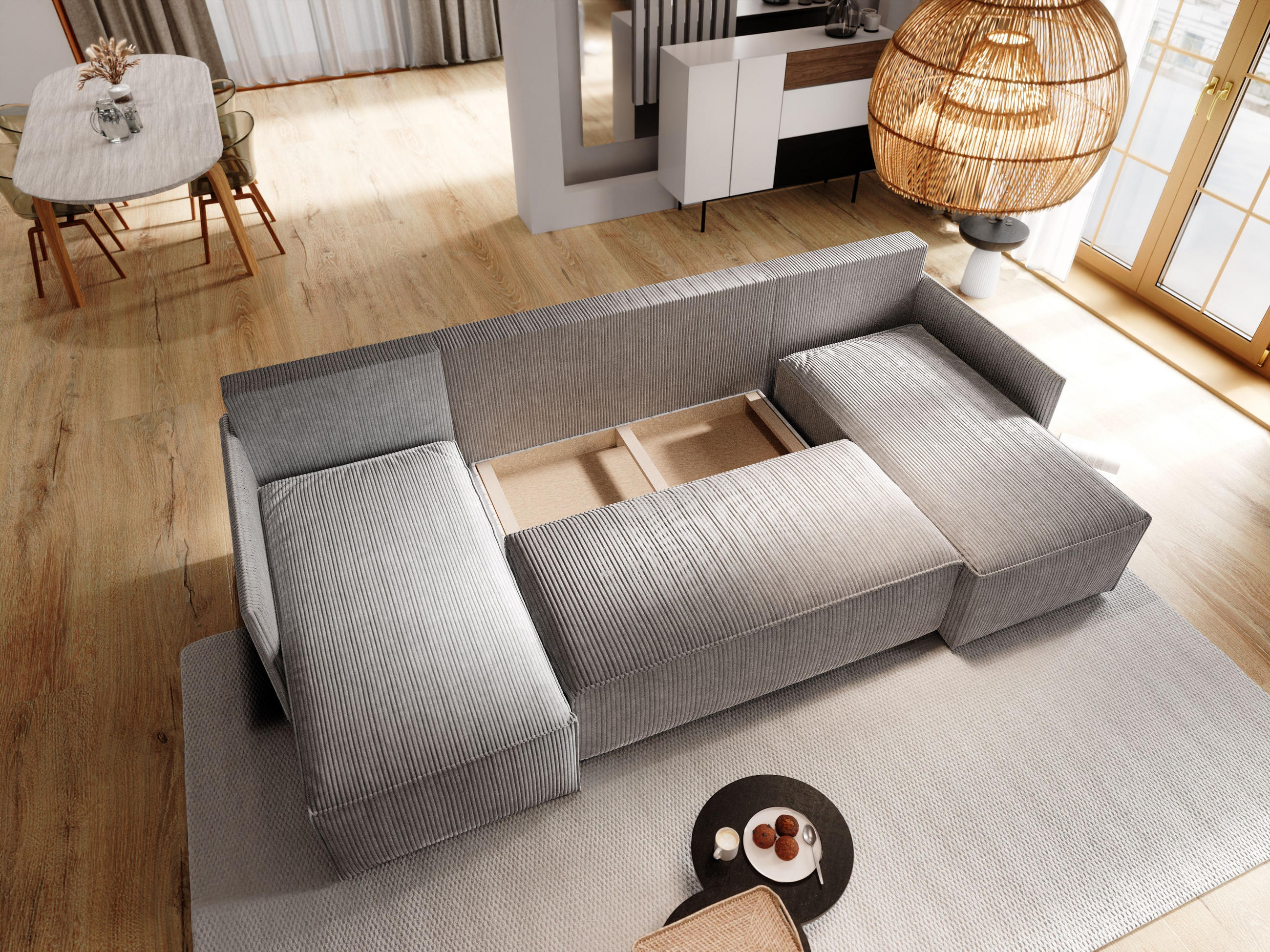 WOHNLANDSCHAFT TRES Creme Kordstoff mit Schlaffunktion - Creme, Holz (271/85/140cm) - MASSENO