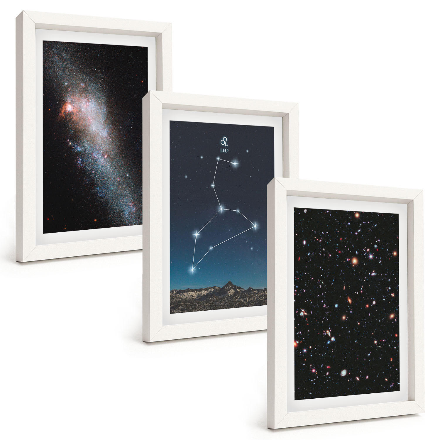 BILDER SET 3er Set - 20x30 cm Weißer Rahmen - Galaxie im Sternbild Löwe - Weiß, Kunststoff (20/30cm) - TULUP