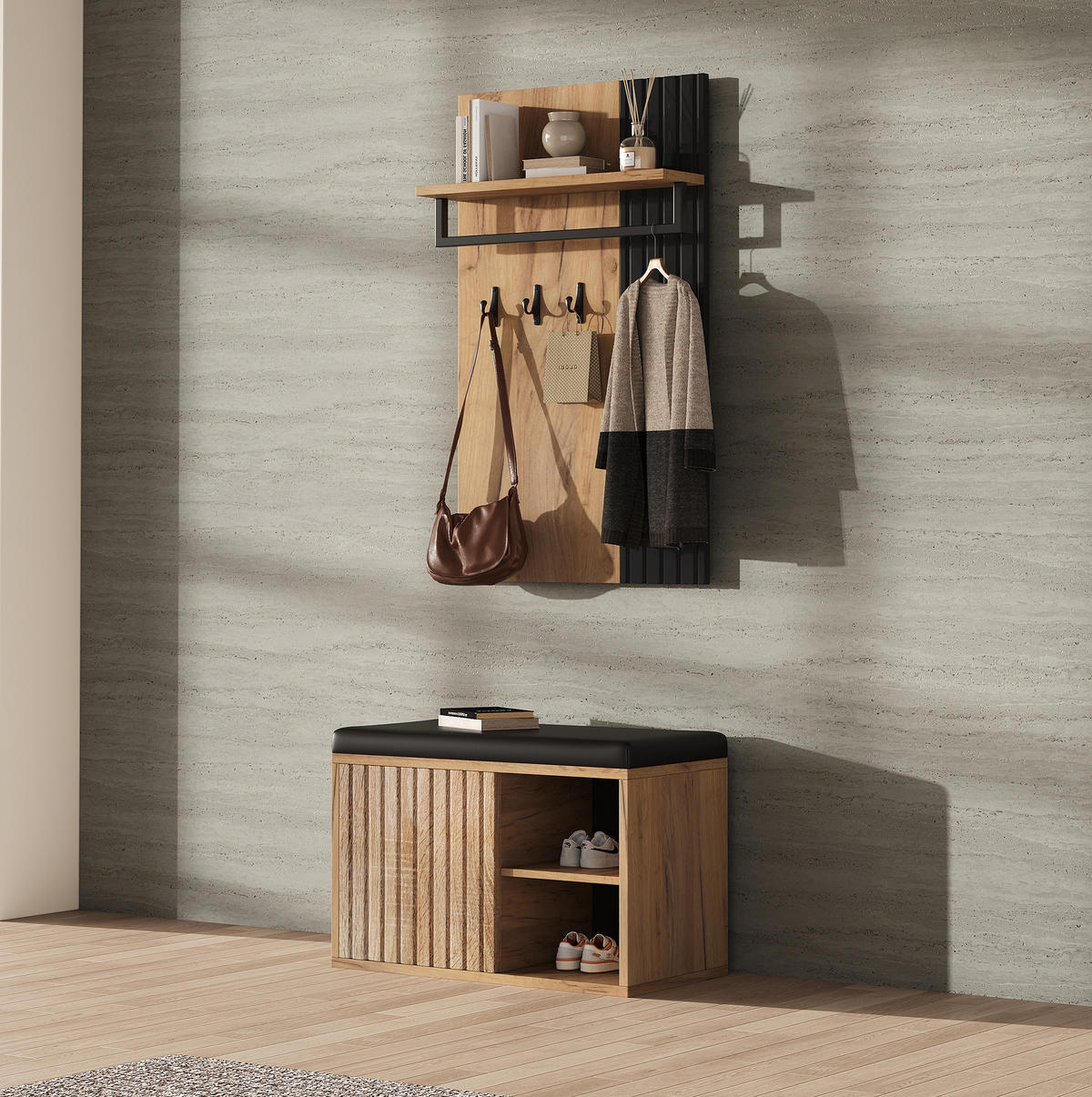 FLURSCHRANK mit Schuhbank 70 x 36 x 146 cm Spanplatte Schwarz/Natur - Schwarz, Holzwerkstoff (36/146/70cm) - Beauniv