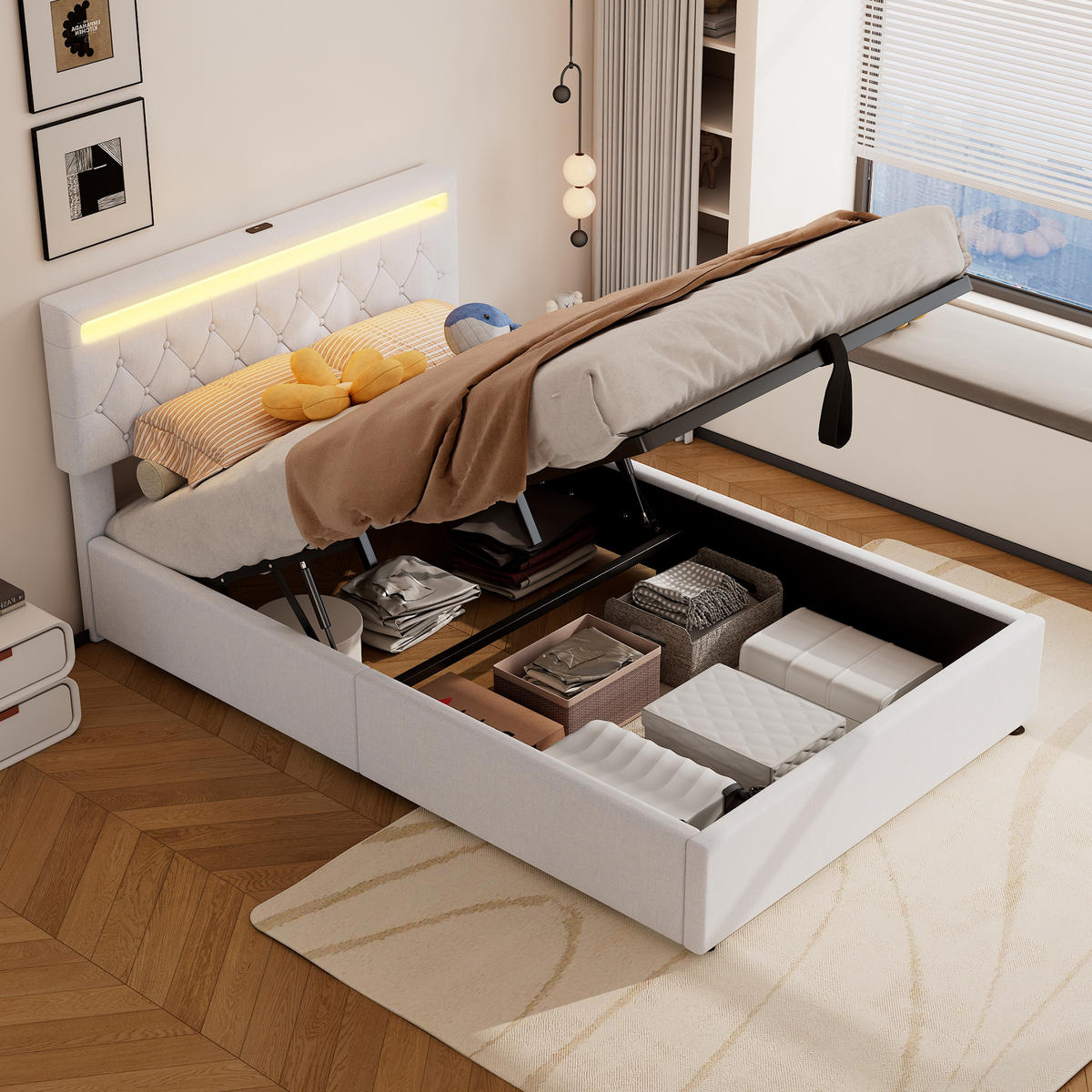 FLACHBETT 140x200cm Weiß gepolstert LED Hydraulik USB-C Stauraum - Weiß, Holz (140/200cm) - FLIEKS