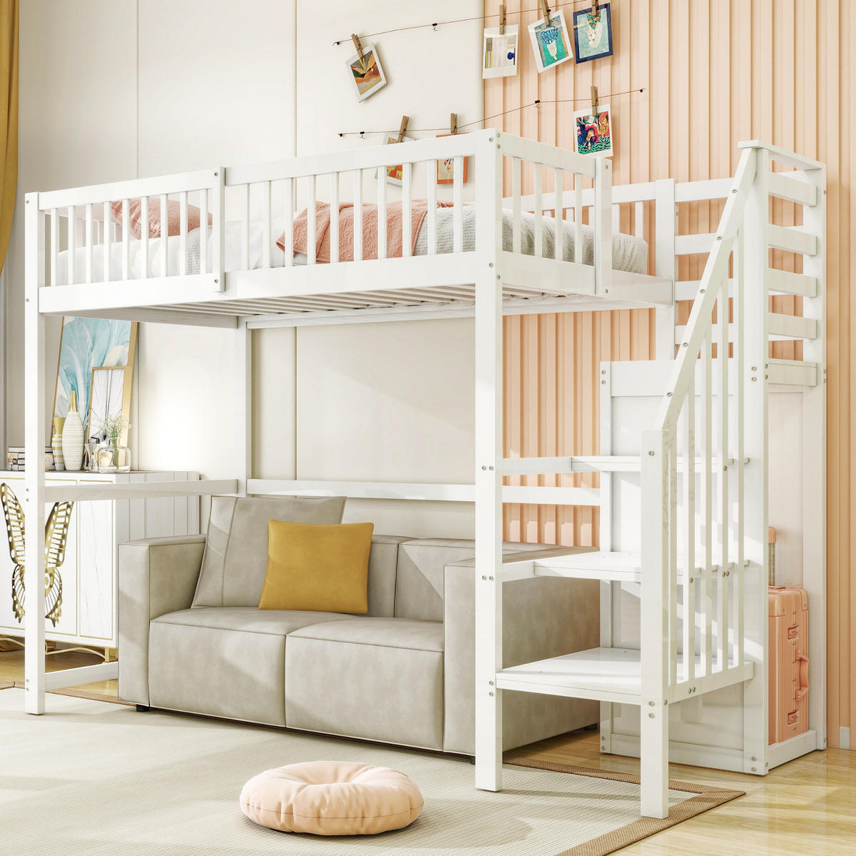 HOCHBETT 90/200 cm Weiß aus Holz mit Treppe und Kleiderschrank - Weiß, Holzwerkstoff (90/200cm) - OKWISH