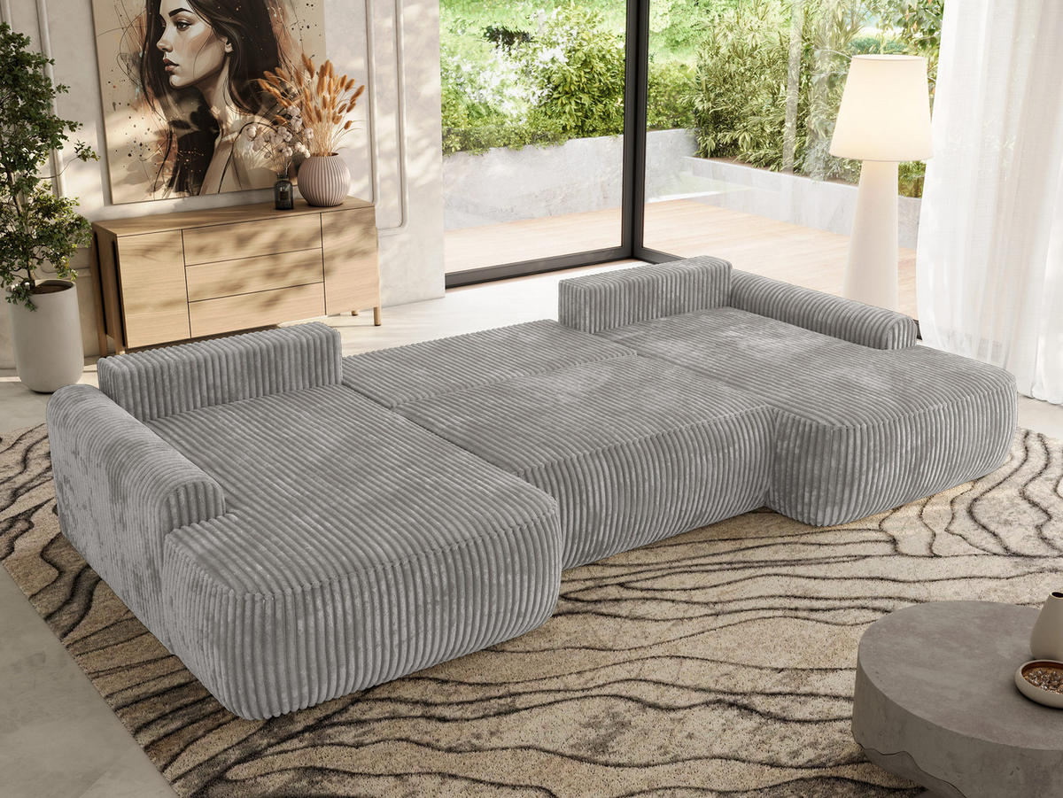 WOHNLANDSCHAFT CUBO U Grau Cord - Schwarz/Grau, Kunststoff/Textil (370/100/187cm) - MKS